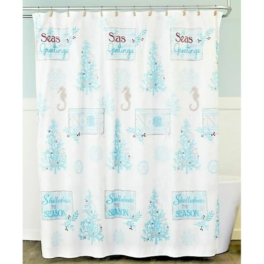 Christmas Seas and Greetings Shower Curtain Hooks Nautical 70x72